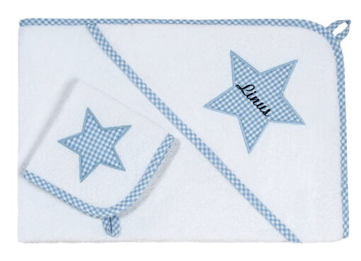personalisiertes-set-waschlappen-kapuzenhandtuch-blau-stern